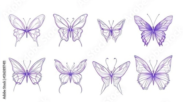 Fototapeta Eight Purple Butterflies, Line Art, White Background, Design Element