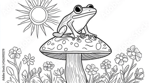 Fototapeta Frog on mushroom in flower field under sun, illustration for coloring, or craft