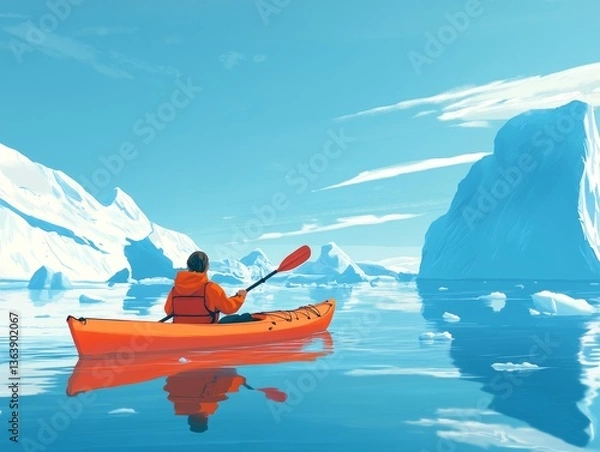 Obraz illustration of high angle of traveling anonymous person in outerwear and with paddles floating in canoe along calm sea with icebergs in Greenland against blue sky in daylight - ai
