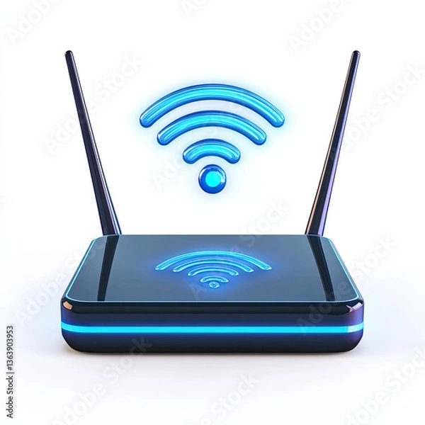 Fototapeta A futuristic glowing wifi router broadcasting a strong signal, promising seamless connectivity and endless possibilities with vibrant blue neon accents.