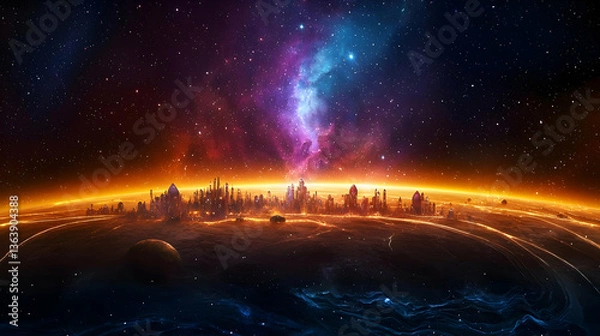Fototapeta Cityscape Silhouette on Illuminated Planet Orbiting with Glowing Stars and Cosmic Galaxy in Dark Night Sky