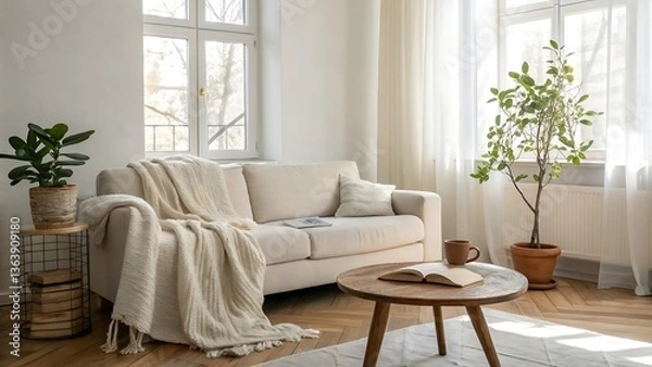 Fototapeta A Serene Living Room Bathed In Sunlight, Featuring A Cozy Cream-colored Sofa Draped With A Chunky Knit Throw, Exuding A Feeling Of Calm And Peaceful Relaxation With Natural Light And Airy Curtains