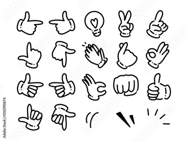 Fototapeta シンプルな指差し・ハンドサインの手描き風アイコン素材－ピース・グッドの手のイラスト