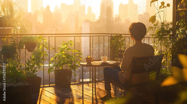 Fototapeta Serene Morning View: A person, gazing at the sun-kissed cityscape from a balcony. The moment is enhanced by lush greenery.