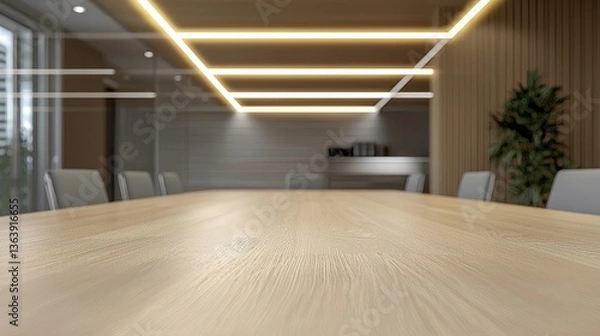 Fototapeta Light wood table in sharp focus, blurred elegant office scene with a conference room, glowing ceiling lights, calm atmosphere