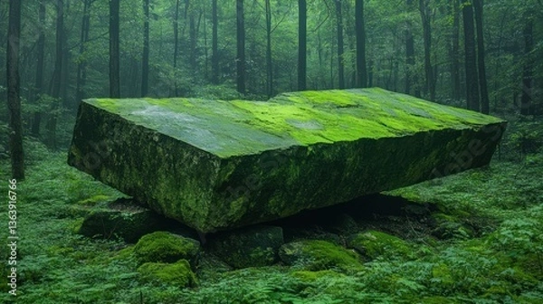 Fototapeta Enigmatic Moss-Covered Monolith in a Verdant Forest