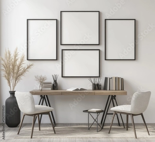 Fototapeta Modern minimalist home office with wooden desk, chairs, and empty frames.