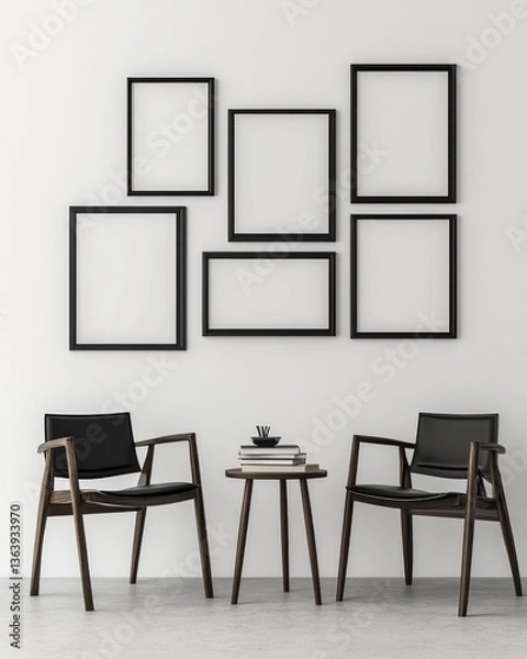 Fototapeta Modern minimalist interior with empty frames, chairs, and a small table.