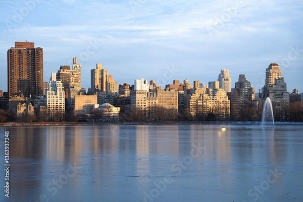 Fototapeta NYC 5th Ave skyline from across a pond, the Jacqueline Kennedy Onassis Reservior, taken near dusk. Taken while walking in Central Park, New York City on a clear winter day.