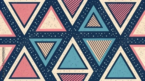 Fototapeta Abstract geometric pattern with pink, blue, and beige triangles on a dark blue background. The design features textured lines and speckles, creating a dynamic and playful feel. 
