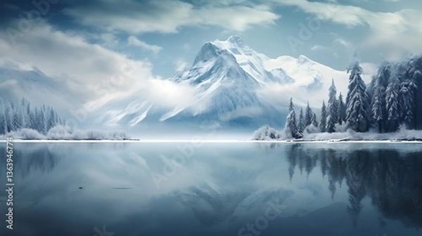 Obraz Winter landscape wallpaper with snowy mountains lake and trees for desktop background hd wallpaper