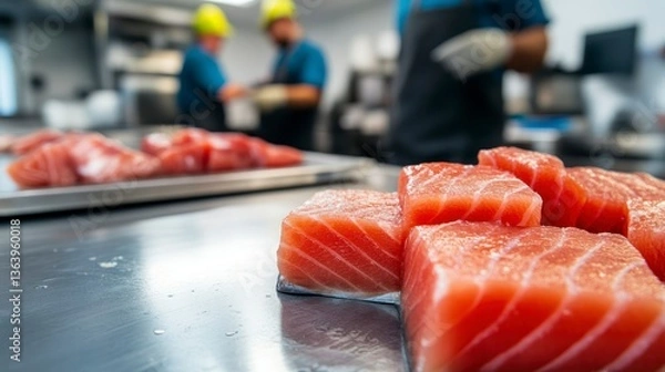 Fototapeta Fresh salmon fillets being prepared in a bustling seafood workshop during daylight hours