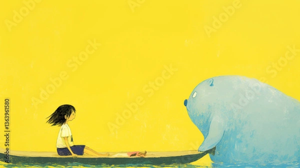 Fototapeta **a little girl with her blue imaginary friend in a gondola ride --ar 16:9 --p obna68n** - Image  AI generated 
