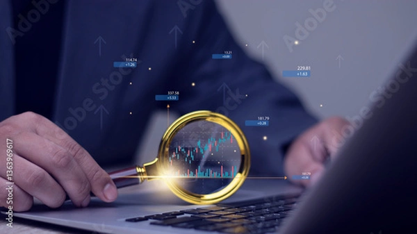 Fototapeta Search and Planning, strategy, Stock market, Business growth, progress or success concept. Businessman or trader is showing a growing virtual hologram stock, invest in trading.