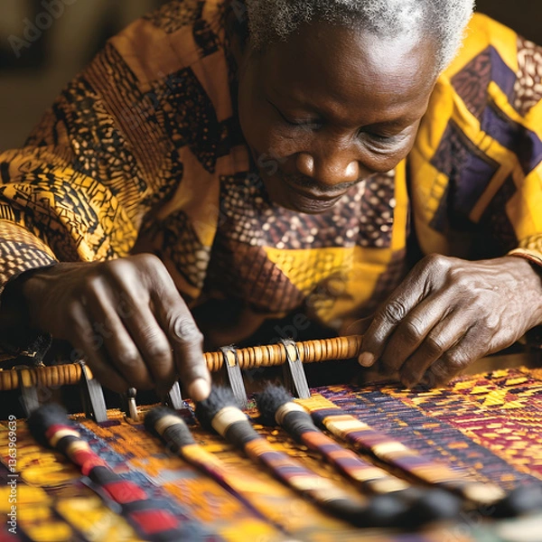 Fototapeta A Ghanaian kente weaver creating a ceremonial cloth with bold, intricate patterns.