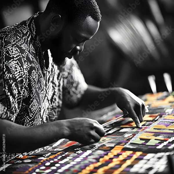 Fototapeta A Ghanaian kente weaver creating a ceremonial cloth with bold, intricate patterns.