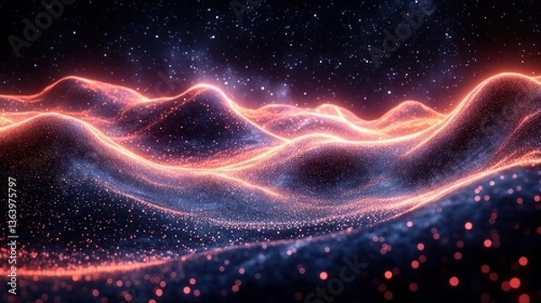 Fototapeta Abstract glowing, undulating landscape against a starry night sky.  Particles form smooth, flowing hills