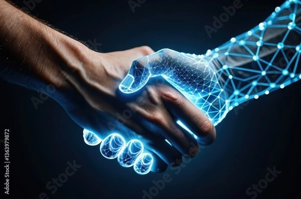 Obraz Two hands come together in a symbolic handshake, where one is human and the other is a futuristic digital representation, merging humanity and technology in harmony.