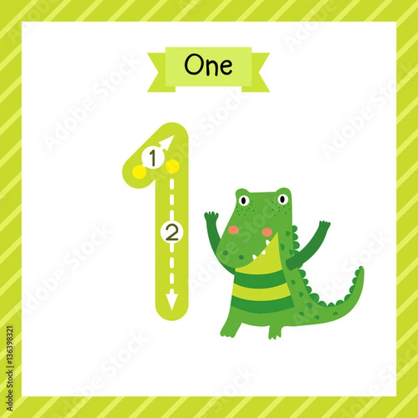 Fototapeta Cute children Flashcard number one tracing with 1 Alligator for kids learning to count and to write.