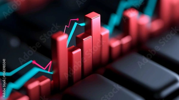 Fototapeta Abstract 3D Red and Teal Financial Growth Chart on Dark Background