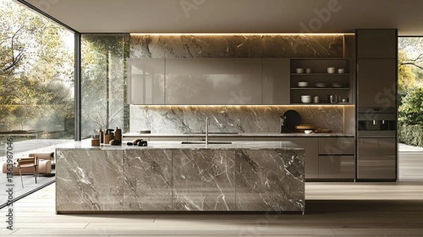 Fototapeta Modern Interior Design Kitchen: Sleek, Spacious and Luxurious with Natural Light and Contemporary Architecture