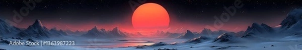 Fototapeta Crimson Horizon over Icy Peaks: An awe-inspiring scene of a fiery red sun setting over snow-capped mountain peaks, casting long shadows across a frozen landscape.