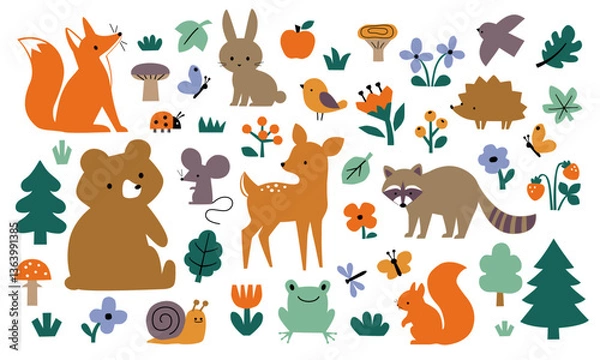 Obraz Vector set of cute woodland animals, birds, trees, mushrooms, flowers and leaver in cartoon naive style isolated on white background.