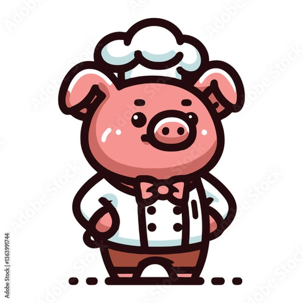Fototapeta Cute pig chef wearing a hat and apron vector mascot logo illustration