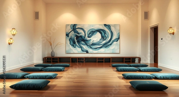 Fototapeta Minimalist Teal Meditation Room with Abstract Blue Art.