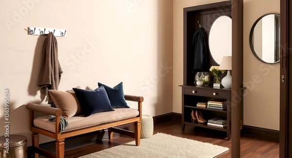 Fototapeta Cozy Hallway with Bench, Hutch, and Coat Rack.