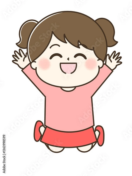 Obraz 万歳してジャンプする笑顔の女の子の全身ゆるかわイラスト