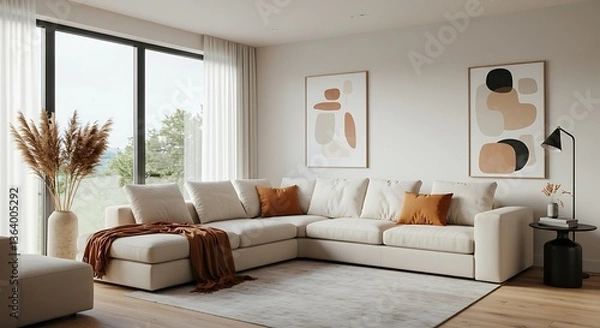 Fototapeta Minimalist, scandinavian home interior design of modern living room. Bright family room with modern beige sectional sofa, soft textiles, and large windows overlooking a serene landscape.