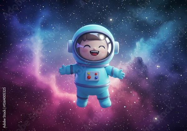 Fototapeta Joyful Child Astronaut Floating in a Stellar Nebula: A 3D Rendered Space Adventure