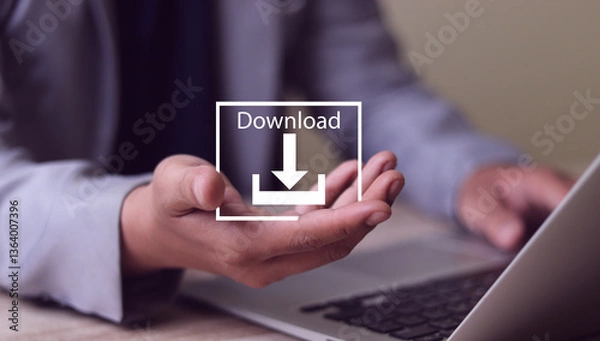 Fototapeta Businessman use laptop to download organizational information or documents. cloud storage technology, backup cyber security system.