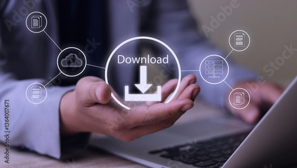 Fototapeta Digital File Download and Data Transfer Technology. Person interacting with digital interface to download files, symbolizes modern data transfer, file management, technology-driven business operations