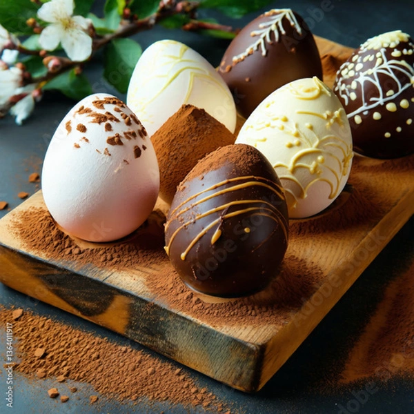 Fototapeta A handcrafted selection of artisanal Easter eggs showcasing a variety of chocolate types.