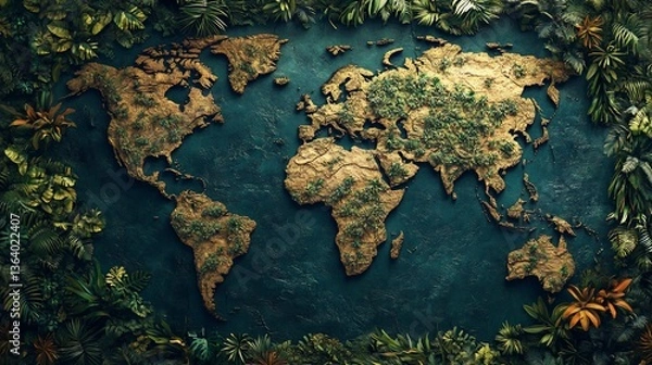 Fototapeta World map created with soil and green foliage on a textured dark blue background