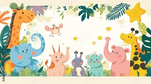 Fototapeta Colorful Cartoon Animals in a Whimsical Jungle Setting with Stars