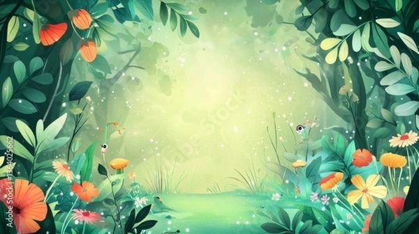 Fototapeta Lush Green Forest with Vibrant Flowers and Soft Light Effects