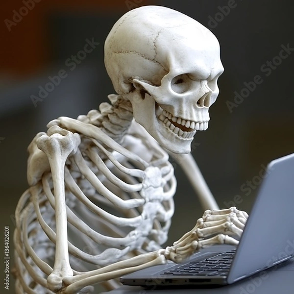 Fototapeta A human skeleton using a computer laptop and keyboard
