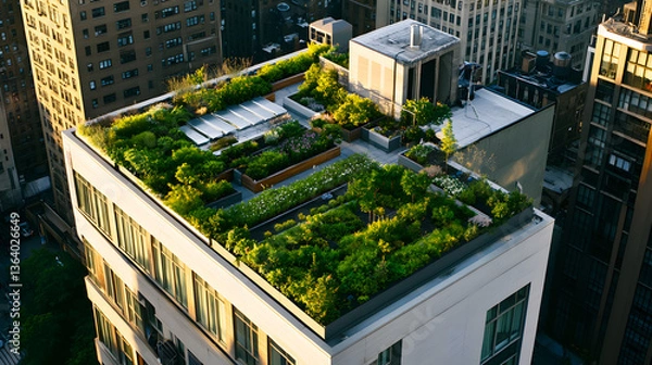 Fototapeta A rooftop garden on a city building that showcases green infrastructure and eco-friendly design.