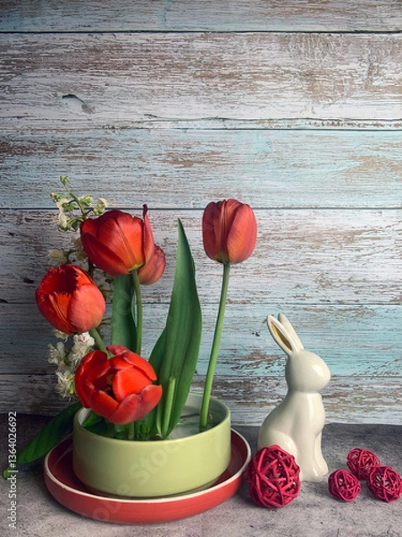 Fototapeta spring easter still life with hare, red tulips and blossoming chestnut