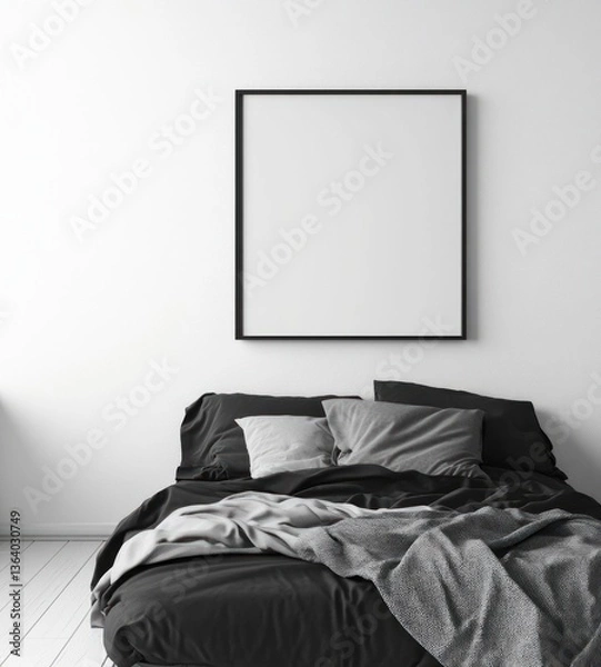 Obraz Monochrome bedroom with empty square frame above bed.