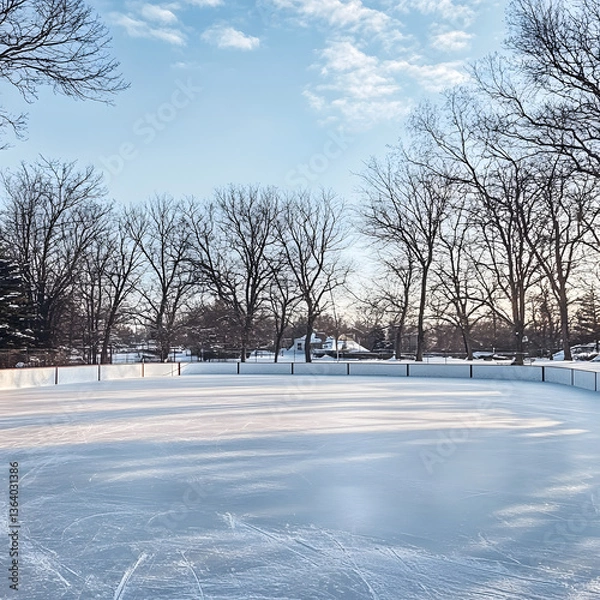 Fototapeta A serene morning scene of an empty ice rink surrounded by snow, waiting for skaters.