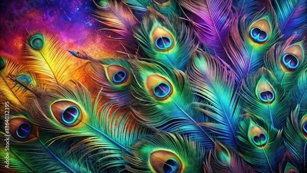 Fototapeta Vibrant plumage, iridescent feathers, a close-up display of peacock tail feathers, showcasing nature's artistry in vivid colors and intricate detail.