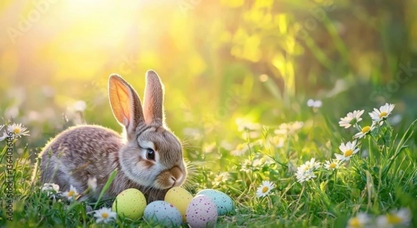 Fototapeta Easter bunny with speckled eggs in glowing grass and daisies under soft sunlight, perfect for spring ads, seasonal cards, Easter promotions, and festive campaigns