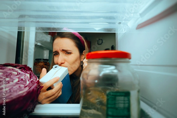 Fototapeta Woman Smells Milk Carton and Sees It Is Spoiled. Person checking diary product if it began smelling rancid
