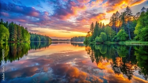Fototapeta Serene lake scene with vibrant sunrise colors reflected on its calm surface, surrounded by lush greenery and towering trees , landscape, tranquility