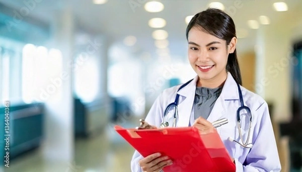 Fototapeta ファイルと筆記用具を持つ医療従事者の女性