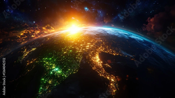 Fototapeta stunning view of Earth from space, showcasing vibrant city lights and glow of sunrise illuminating planet surface. image captures beauty of our world, highlighting contrast between darkness